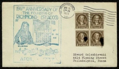 SE64 UNITED STATES 1933 Event cover Founding of Richmond nice cachet - Image 1 of 2