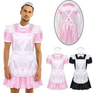 Men French Maid Costume Cosplay Outfit Fancy Dress Satin Apron Headband 3Pcs Set - Picture 1 of 23