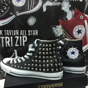 Converse Nere Alte personalizzate con Borchie argento PELLE - Foto 1 di 6