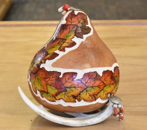 Painted Gourd Sculpture, South Dakota, Leaf Pattern - Picture 1 of 3