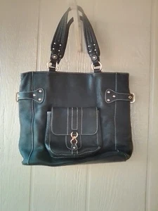 Kate Landry Large Black Leather Satchel Double Handle Bag - Picture 1 of 6