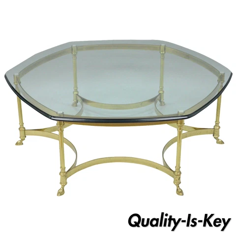 Vintage Labarge Brass Hoof Foot Hollywood Regency Hexagonal Glass Coffee Table Cover