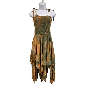 Fairy Pixie Taschentuchsaum Batik Kleid elastisch gesmokt Top recycelt Sari Sil - Bild 1 von 16