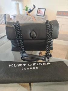 Kurt Geiger Black Leather Kew Crossbody Shoulder All Black Chain Eagle Head - Picture 1 of 20