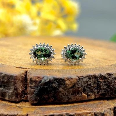 椭圆形耳钉 925 银 | 绿色碧玺诞生石耳环 — 第 1/4 张图片