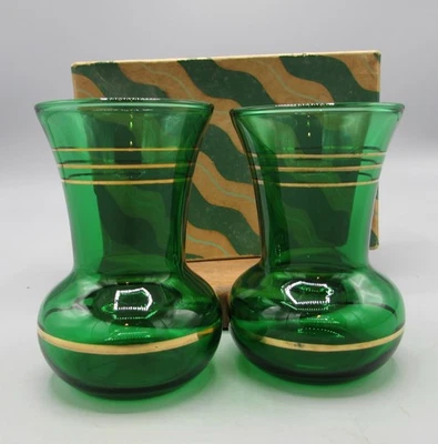 Anchor Hocking Mini Bud Vases MCM Emerald Green Glass with Gilded Bands Vintage - Image 1 of 4