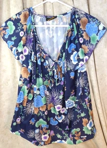 Women's Top California Patterns Blue Floral Short Sleeve V-Neck Blouse Size M - Picture 1 of 5