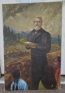 Mormon? Preacher Teacher Native American Antique Historical Western Oil Painting - Picture 1 of 22