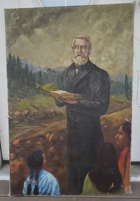 Mormon? Preacher Teacher Native American Antique Historical Western Oil Painting - Image 1 of 4
