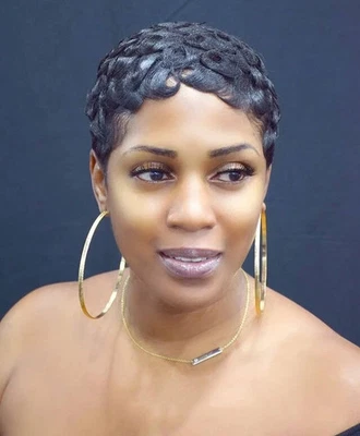 Pelucas de cabello humano onduladas para dedos peluca corta de moda negro corte pixie cabello brasileño Foto 1 de 4