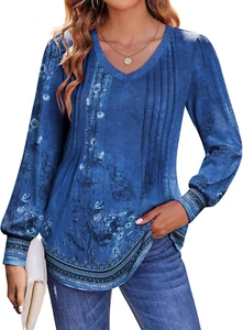Zeagoo Women'S Puff Long Sleeve Shirts Pleated V Neck Fall Tunic Tops Blouse Dre - Picture 1 of 12