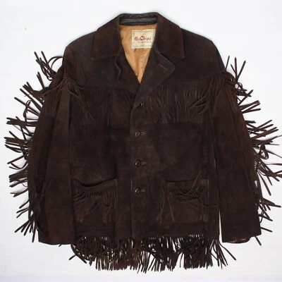 Винтажный Mr Chips Western бахрома кожаная куртка M темно-коричневый замшевый кнопка пальто - Изображение 1 из 4