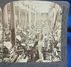 STEREOVIEW Photo Industrial Cotton Mill Fabric Factory ~ Lima, Peru UNDERWOOD - Picture 1 of 2