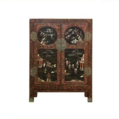 Gabinete Credenza gráfico con incrustaciones de ladrillo rojo y piedra Chinoiseries vintage cs7770 Foto 1 de 4