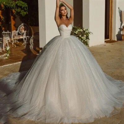 Saudi Arabia Ball Shiny Wedding Dresses Tulle Sweetheart A-line Bride Gowns - Image 1 of 4