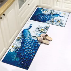 2pcs Peacock Print Kitchen Rug Anti-Slip Mat Runner Soft Carpet 50*80cm+50*160cm - Picture 1 of 1