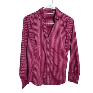 New York & Company Shirt Women's Small Red Striped Button Up V-Neck Blouse Top - Picture 1 of 9