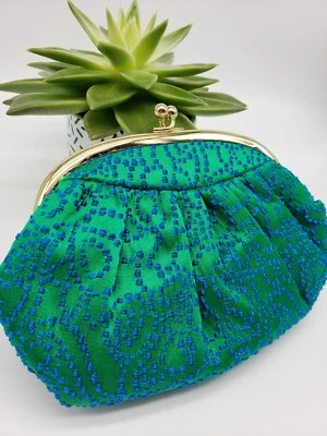 Винтажный Японии шелк сшитый изумруд застежки кошелек с ремешком Kiss застежки и цепи - Изображение 1 из 4