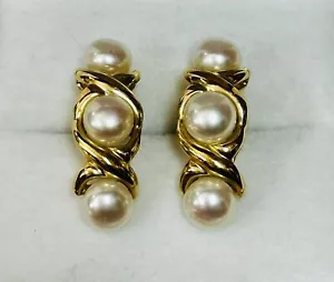 Vintage Pair 14K Yellow Gold Stud Pearl XO Curved Omega Back Earring 4 Grams - Picture 1 of 9