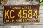 1955 Minnesota License Plate KC 4584 Tag Yellow & Maroon ‘55 MN