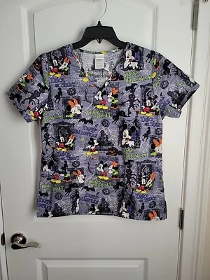Disney Halloween Mickey Minnie Cotton V Neck  Gray Scrub Top Women's Medium - Image 1 of 4