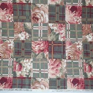 Rose Floral Plaid Textured Upholstery Fabric Mauve Pink Green Brown 30in - Picture 1 of 3