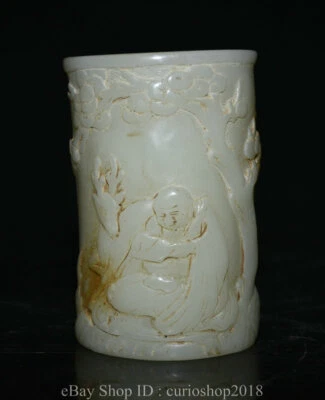 4.8 "Antiguo Chino Blanco Jade Tallado Gente Árbol Ciervo Cepillo Redondo Maceta Estuche para Plumas Foto 1 de 4