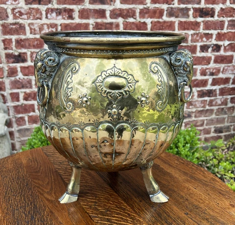 Antique English Brass Planter RAMS Heads Hoof Feet Flower Pot Hand Seamed c.1900 Cover