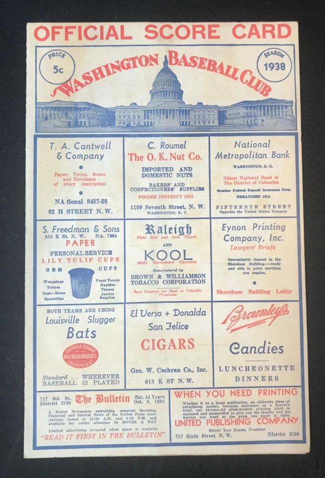 1938 Senators vs. NEW YORK YANKEES Scorecard DiMaggio & Gehrig in same lineup! - Image 1 of 4
