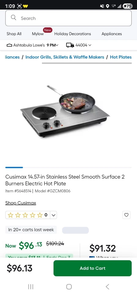 Placa Caliente Eléctrica Cusimax 14.57" Acero Inoxidable Superficie Lisa 2 Quemadores Foto 1 de 1