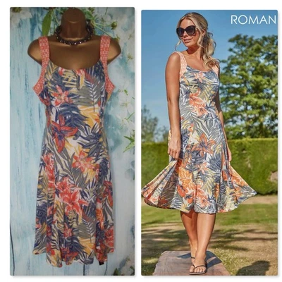 NEW Roman Dress Size 16 Orange Tropical Print Fit & Flare Skater Summer Dress - Imagem 1 de 4