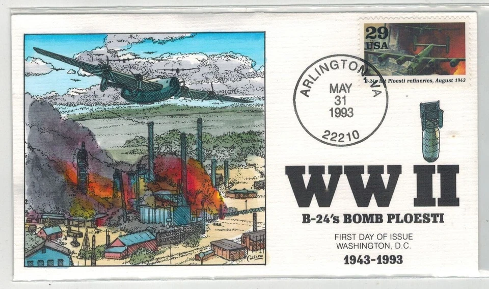 WW2 Patriotic FDC COLLINS HANDPAINTED 1993 ARLINGTON VIRGINIA B-24s BOMB PLOESTI - Image 1 of 1