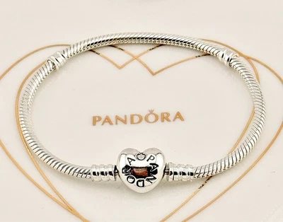 New Genuine Pandora Silver Moments Heart Clasp Snake Chain Bracelet 590719 - Image 1 of 4