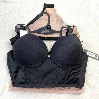 Sutiã e calcinha Nicole Miller 4 peças espartilho bustier 36C/L preto malva mix & match novo com etiquetas - Imagem 1 de 4