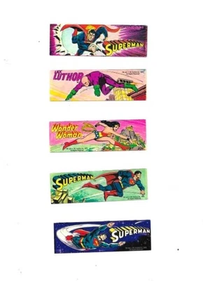 5 PEGATINAS VINTAGE PARA MÁQUINA EXPENDEDORA DC 3X1 PULGADAS. 3 SUPERMAN MUJER MARAVILLA LEX LUTHOR Foto 1 de 2