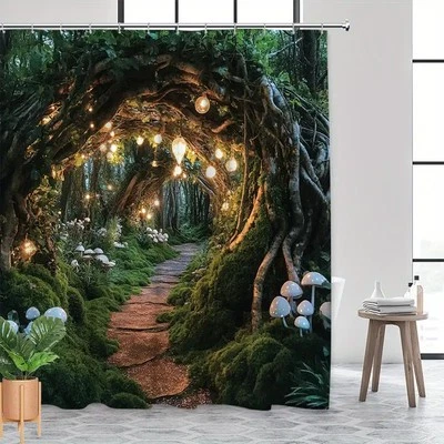 Fantasy Forest Mushroom Tree Hole Waterproof Ultra-fine Shower Curtain Fabric