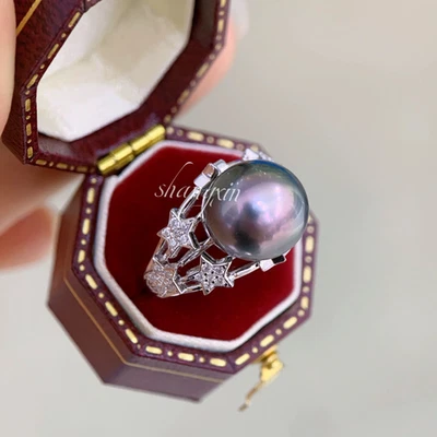 impresionante anillo de perlas verdes negras redondas tahitianas 925s(t) de 10-11 mm Foto 1 de 3