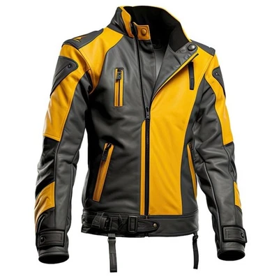 Men Yellow and black leather jacket Real Lambskin leather yellow biker jacket - Image 1 of 4
