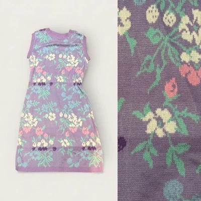 VTG 80s BETSEY JOHNSON Punk Label Floral Knit Dress Lavender Purple Open Back OS - Image 1 of 4