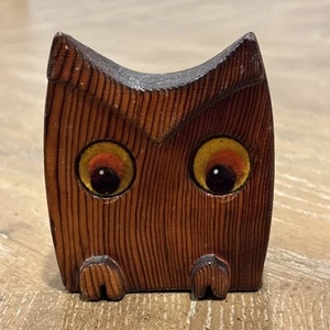 Hand Carved Wooden Owl Folk Art Figure Yellow Orange Felt Eyes Boho VTG 70s 4.5” - Picture 1 of 13