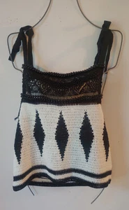 Alberta Ferretti Elegant Black Bead & Crochet White & Black Diamand Ribbon Top 6 - Picture 1 of 19