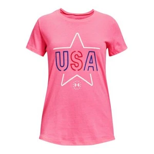 Under Armour UA Girls Graphic Short Sleeve Tee T Shirt Top USA Freedom Pink S SM - Picture 1 of 2