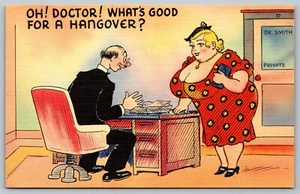 Humor Postcard Busty Woman Doctor Whats Good For Hangover 1930s Linen L1 - Picture 1 of 2