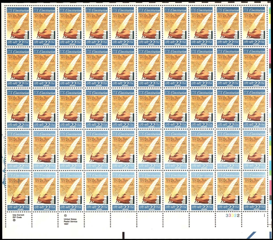 1987 Constitution 22c Sheet of 50 Stamp Multi Large Solvent Dilution Freak Error - Image 1 of 1