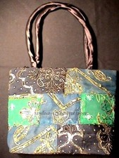 Sari Bag Boho Chic Square Vintage Patchwork Antique Beads India Black Green
