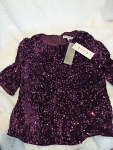 Nanette Lepore Top Plum Sequins Short Puff Sleeve Round Neck Zip Lined Sz L NWT - Picture 1 of 5