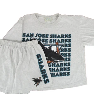 Vintage 90s Crop Boxy T Shirt & Shorts Set San Jose Sharks All Over Logo USA - Picture 1 of 11