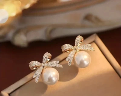 Elegantes Pendientes de Estrás de Perla Lazo Dorado Joyería Blanco MUJER NIÑA  Foto 1 de 4