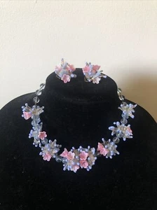 Vintage Italian Murano Hand Blown Periwinkle & Pink Glass Choker & Earring Set - Picture 1 of 8