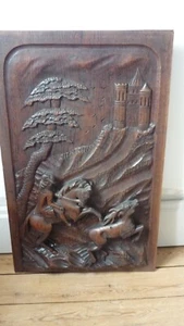 Large French Antique Deeply Carved Panel Solid Oak with horseman hunter - Picture 1 of 7
